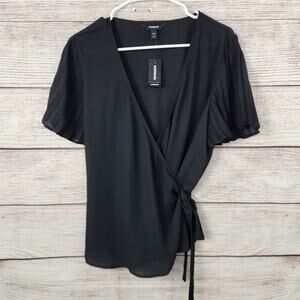 NWT Express Black Sheer Ruffle Sleeve Wrap Shirt Top Blouse Size Large